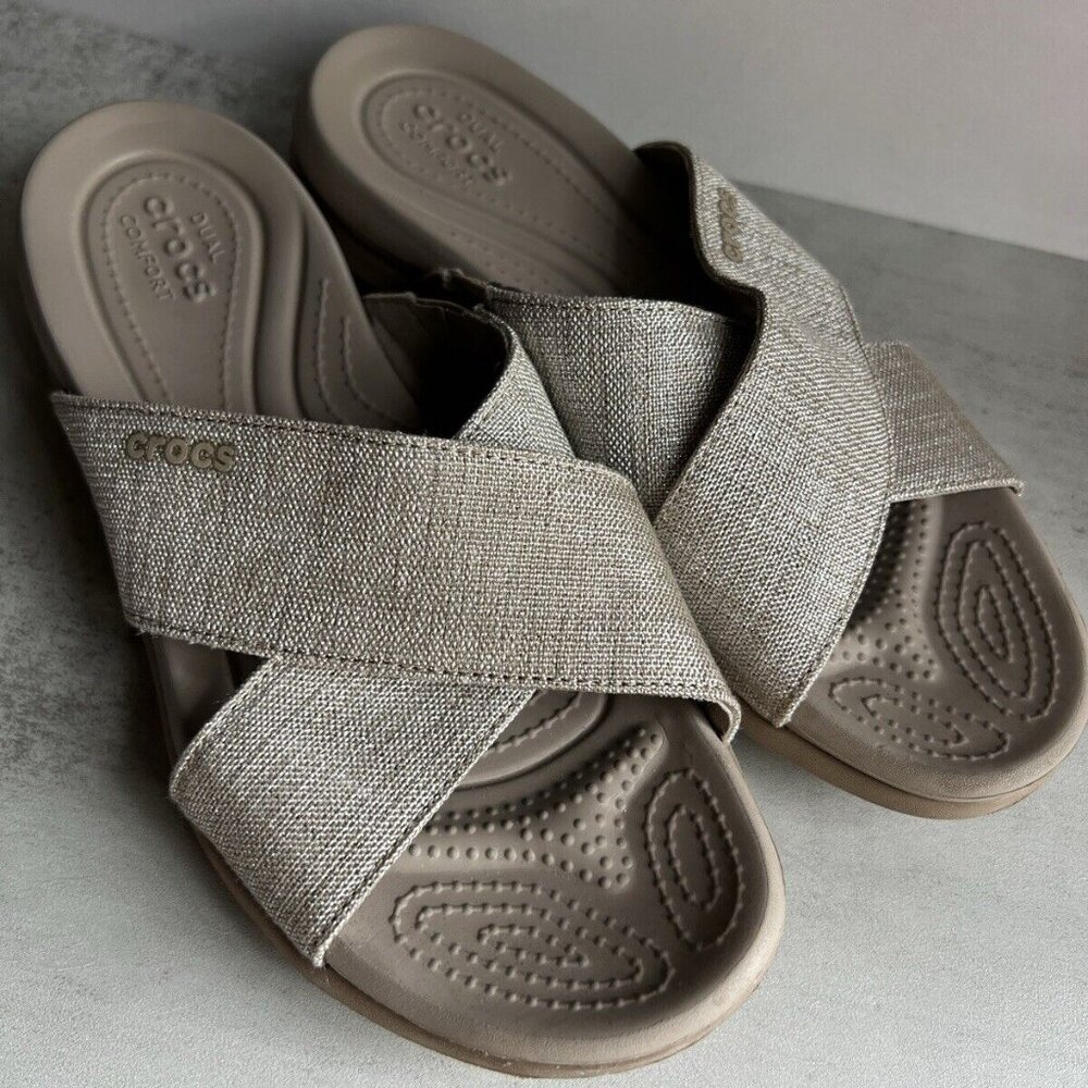 CROCS Women's Metallic Taupe Cross-Band Sandals - Picture 12 of 16